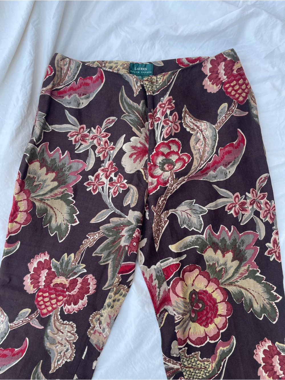 100% Linen Ralph Lauren Torusers Floral Print Lightweight Brown and Red Vintage